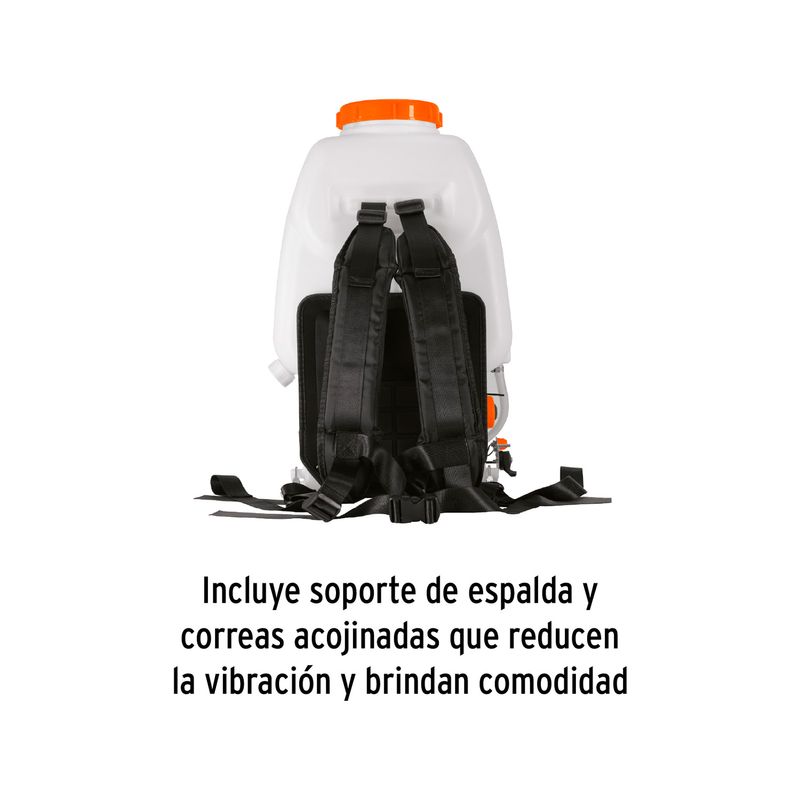 Fumigador a gasolina 25 lts 4 tiempos Truper, vista posterior del tanque blanco con correas y soporte de espalda negro