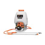 Fumigador a gasolina 25 lts 4 tiempos Truper, vista frontal del equipo con tanque blanco y mangueras naranjas