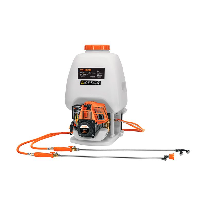 Fumigador a gasolina 25 lts 4 tiempos Truper, vista frontal del equipo con tanque blanco y mangueras naranjas