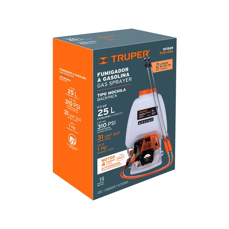 Fumigador a gasolina 25 lts 4 tiempos Truper, empaque de cartón naranja y blanco con ilustración del equipo