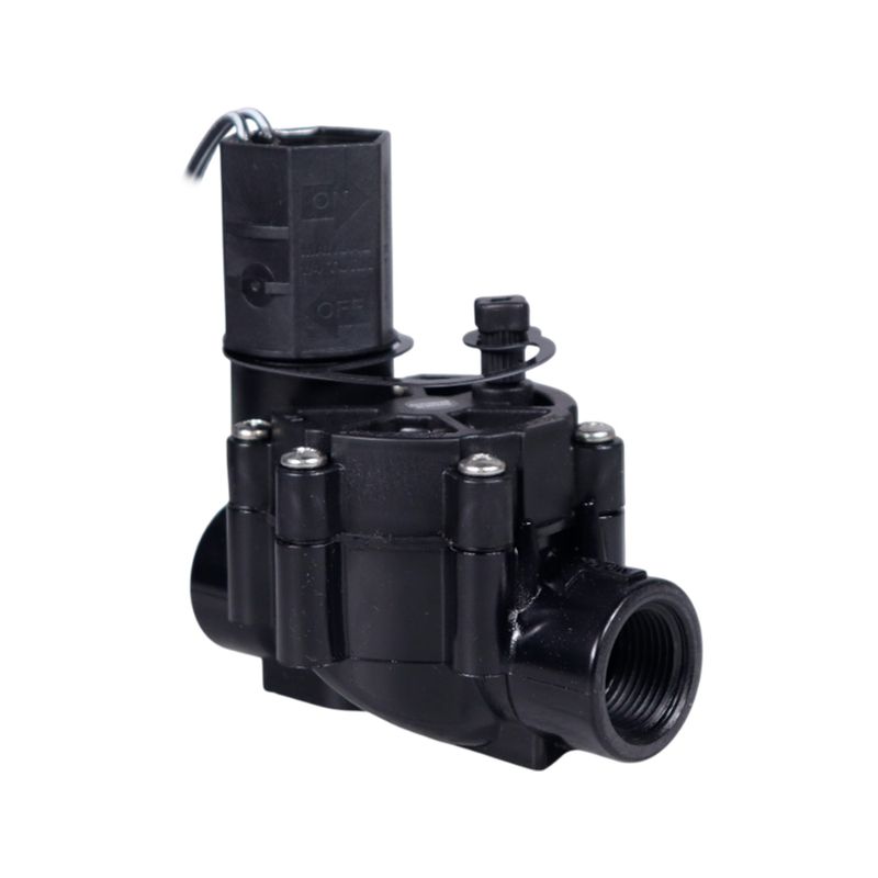 Válvula de control para aspersor Rain Bird de 3/4 pulgadas, vista lateral en color negro con conexión roscada