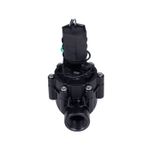 Válvula de control para aspersor Rain Bird de 3/4 pulgadas, vista frontal enfocada en la rosca inferior y solenoides
