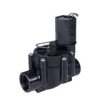 Válvula de control para aspersor Rain Bird de 3/4 pulgadas, vista lateral del cuerpo negro con solenoide integrado