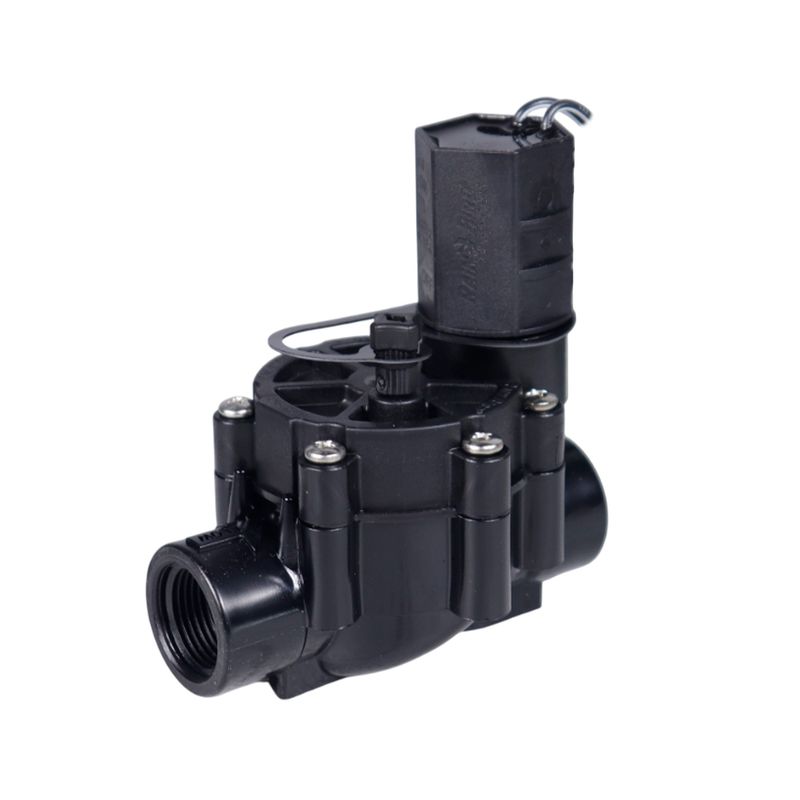 Válvula de control para aspersor Rain Bird de 3/4 pulgadas, vista lateral del cuerpo negro con solenoide integrado
