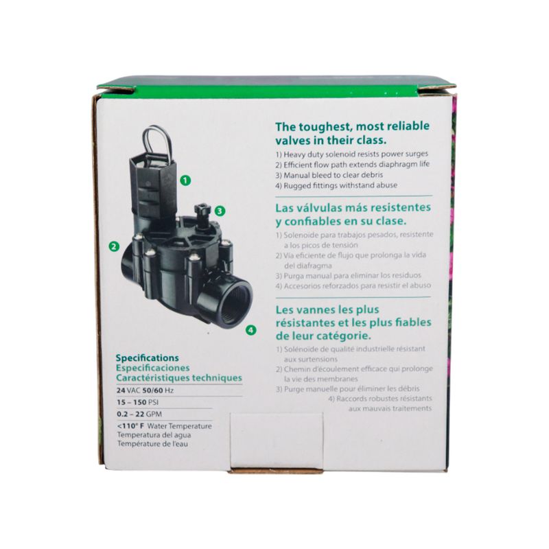 Válvula de control para aspersor Rain Bird de 3/4 pulgadas, empaque de cartón con especificaciones técnicas y diagrama