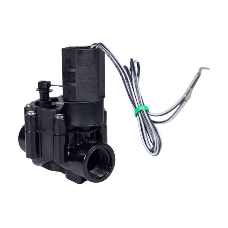 Válvula de control para aspersor Rain Bird de 3/4 pulgadas, vista lateral con cables eléctricos y terminales