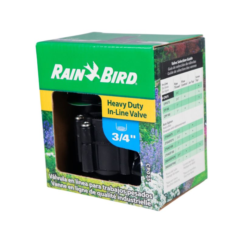 Válvula de control para aspersor Rain Bird de 3/4 pulgadas, en su empaque de cartón con tabla de selección de válvulas
