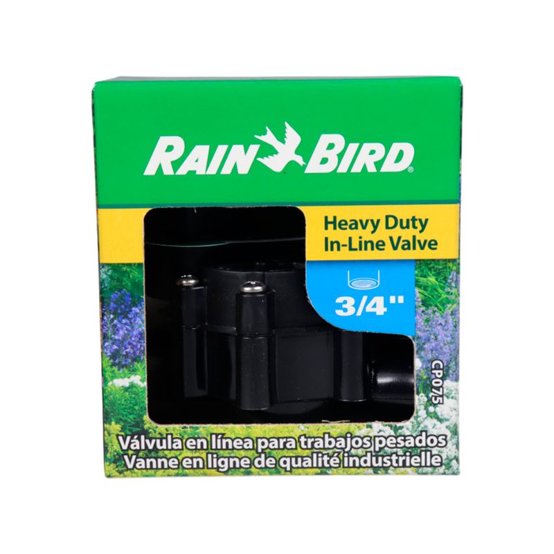 Válvula de control para aspersor Rain Bird de 3/4 pulgadas, vista frontal del producto dentro de su empaque verde