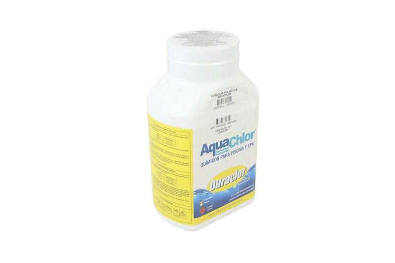 Duraclor 90% granular 2 lbs AquaChlor, envase plástico blanco con etiqueta informativa amarilla y azul