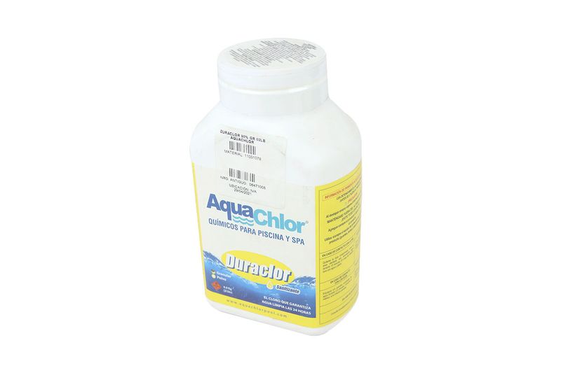 Duraclor 90% granular 2 lbs AquaChlor, vista lateral del envase blanco resaltando la etiqueta de advertencia amarilla
