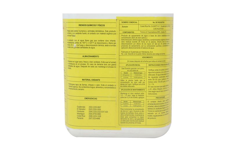 Duraclor 90% granular 2 lbs AquaChlor, tabla de instrucciones de aplicación inicial y mantenimiento en el empaque