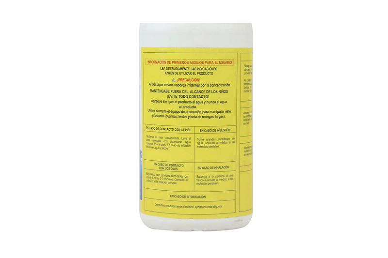 Duraclor 90% granular 2 libras AquaChlor, detalle de la etiqueta trasera con instrucciones de primeros auxilios