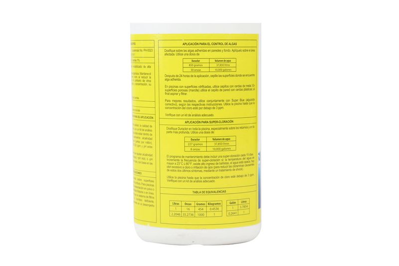 Duraclor 90% granular 2 lbs AquaChlor, detalle de la etiqueta con tablas de aplicación y equivalencias