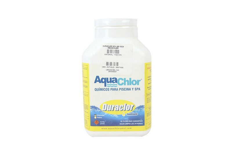 Duraclor 90% granular 2 lbs AquaChlor, envase plástico blanco con etiqueta azul y amarilla