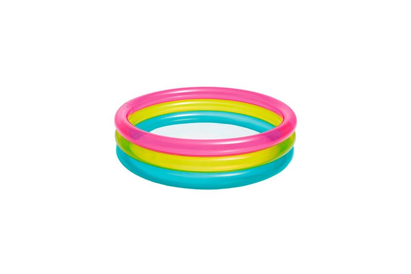 Piscina inflable para bebé 33.86" x 9.84" Intex tricolor, vista cenital del inflable con anillos rosa, amarillo y azul