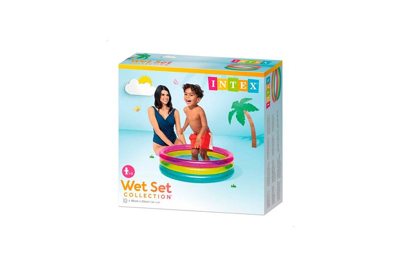 Piscina inflable para bebé 33.86" x 9.84" Intex tricolor, empaque cerrado con foto de niño y mujer usándola
