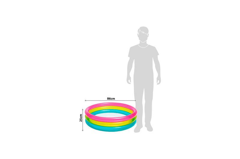 Piscina inflable para bebé 33.86" x 9.84" Intex tricolor, gráfico con medidas de 86 cm y 25 cm junto a silueta humana