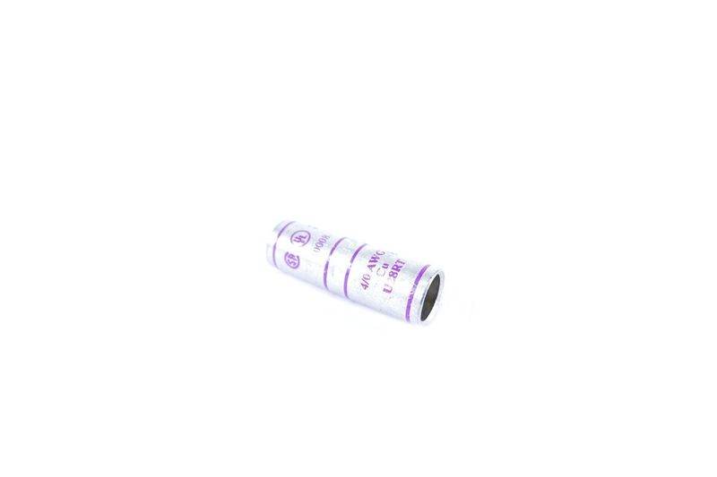 Unión cobre compresión 10008 4/0 AWG 3M, primer plano del cilindro metálico con inscripciones moradas y logo UL