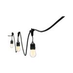 Cadena de luces LED 12 luces E27 2200K 60LM 7.3 metros Volteck, detalle de cable negro con tres bombillas encendidas