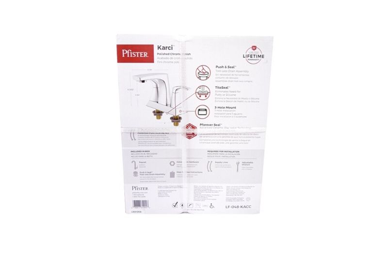 Llave para lavamano doble manija Karci Pfister, parte posterior del empaque con diagramas técnicos y especificaciones