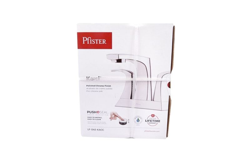 Llave para lavamanos doble manija Karci Pfister, caja de cartón blanca con ilustración del producto en cromo pulido