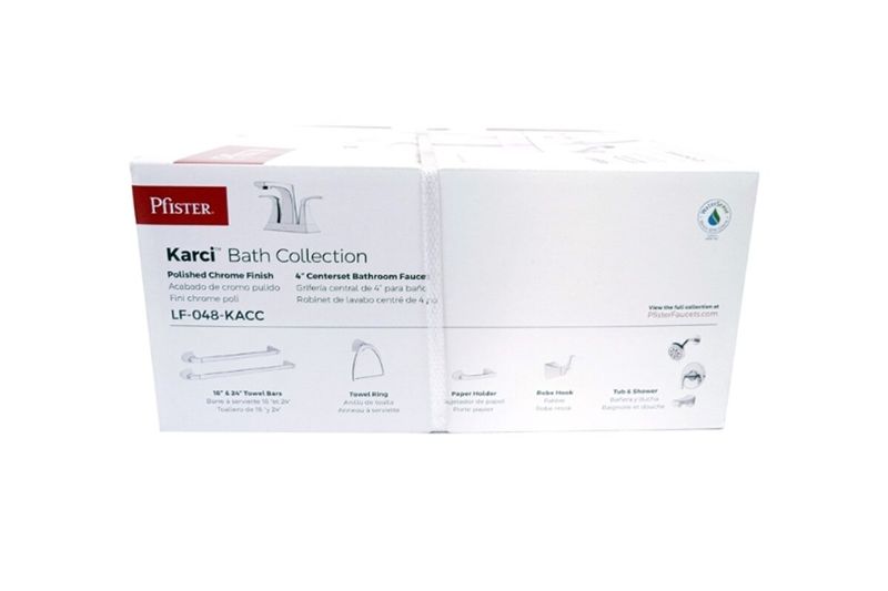 Llave para lavamano doble manija Karci Pfister, caja blanca con ilustración del producto y accesorios de la colección