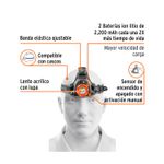 Linterna LED de cabeza recargable 300 lúmenes Truper, gráfico con indicadores de sus características y componentes