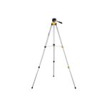 Trípode láser con cabezal para nivel DeWALT, vista frontal completa extendida con patas de aluminio y detalles amarillos
