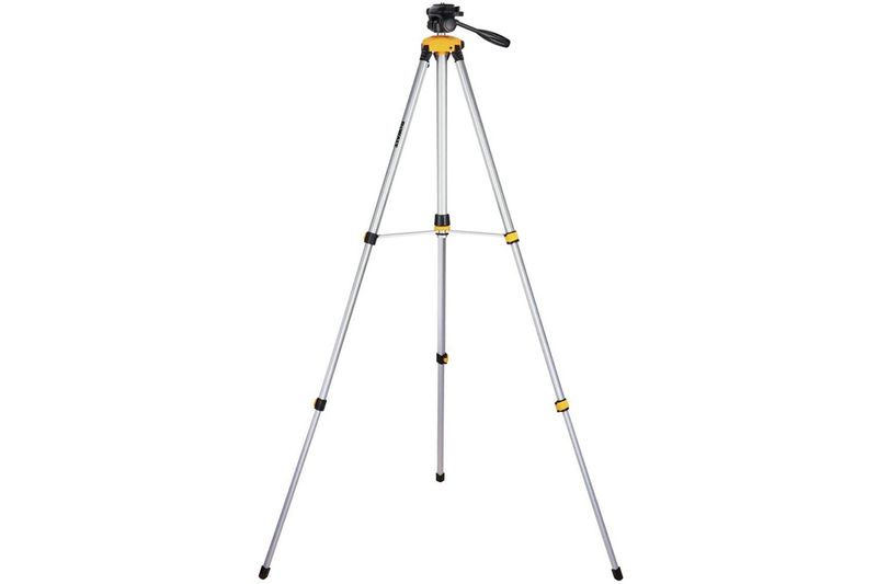 Trípode láser con cabezal para nivel DeWALT, vista frontal completa extendida con patas de aluminio y detalles amarillos