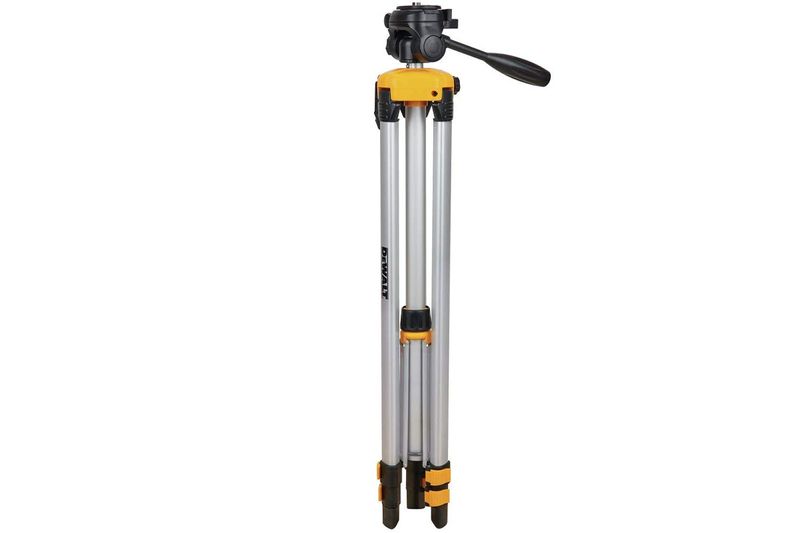 Trípode láser con cabezal para nivel DeWALT, vista frontal del equipo extendido en color amarillo y plata