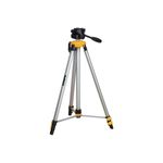 Trípode láser con cabezal para nivel DeWALT, vista frontal completa en color aluminio con detalles amarillos