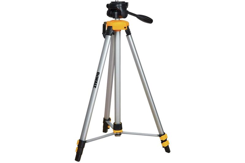 Trípode láser con cabezal para nivel DeWALT, vista frontal completa en color aluminio con detalles amarillos