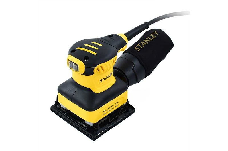 Lijadora orbital Stanley de 1/4 pulgada, 240 W y 120 V, vista lateral en colores amarillo y negro