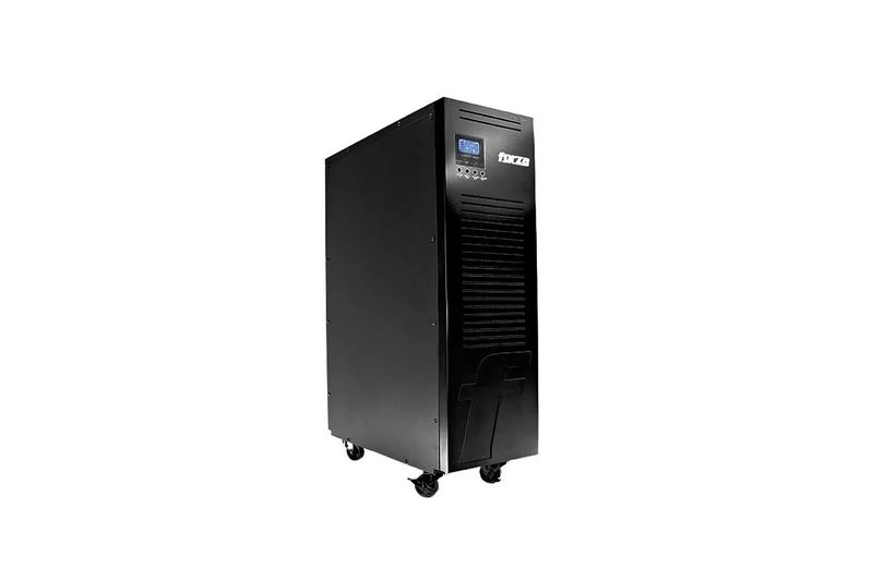 UPS online 10 kVA/10 kW tipo torre 120/240 V Forza, equipo negro con pantalla digital y ruedas en la base