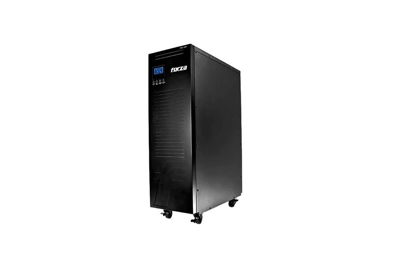 UPS online 10 kVA/10 kW tipo torre 120/240 V Forza, vista en ángulo tres cuartos del equipo negro con ruedas
