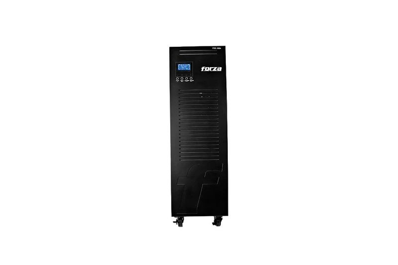 UPS Online 10 kVA / 10 kW tipo torre 120/240 V Forza, vista frontal del equipo negro con pantalla digital y ruedas