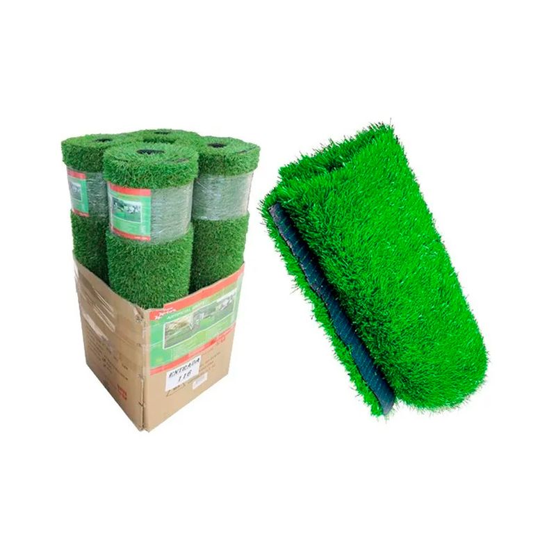 Grama artificial verde 1x4 m 20 mm Sinsa, rollos embalados en caja de cartón y un rollo abierto mostrando la textura