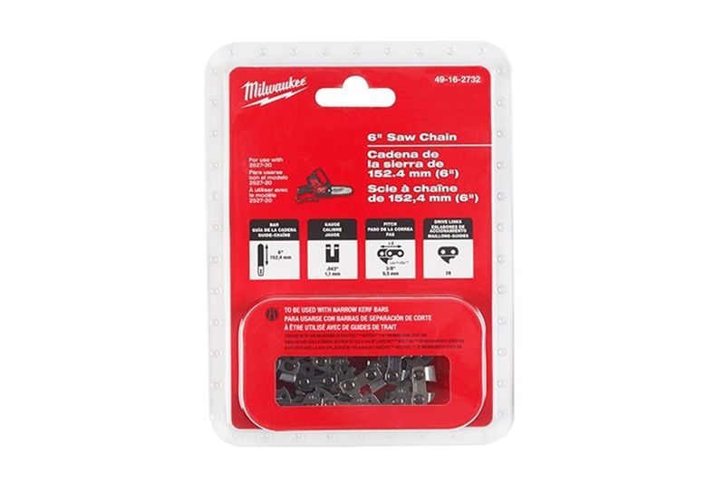 Cadena de reemplazo para motosierra 6 pulgadas Milwaukee, empaque blister rojo y blanco con la cadena en su interior