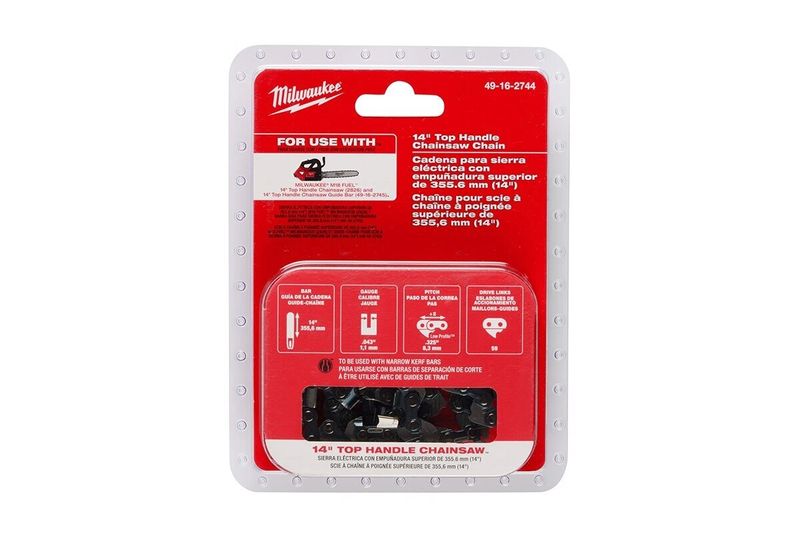 Cadena de reemplazo para motosierra 14 pulgadas Milwaukee, en su empaque blister rojo y blanco con especificaciones
