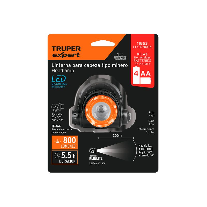 Linterna LED de cabeza de batería AA 800 lumen Truper, en empaque con especificaciones técnicas y detalles del flujo LED