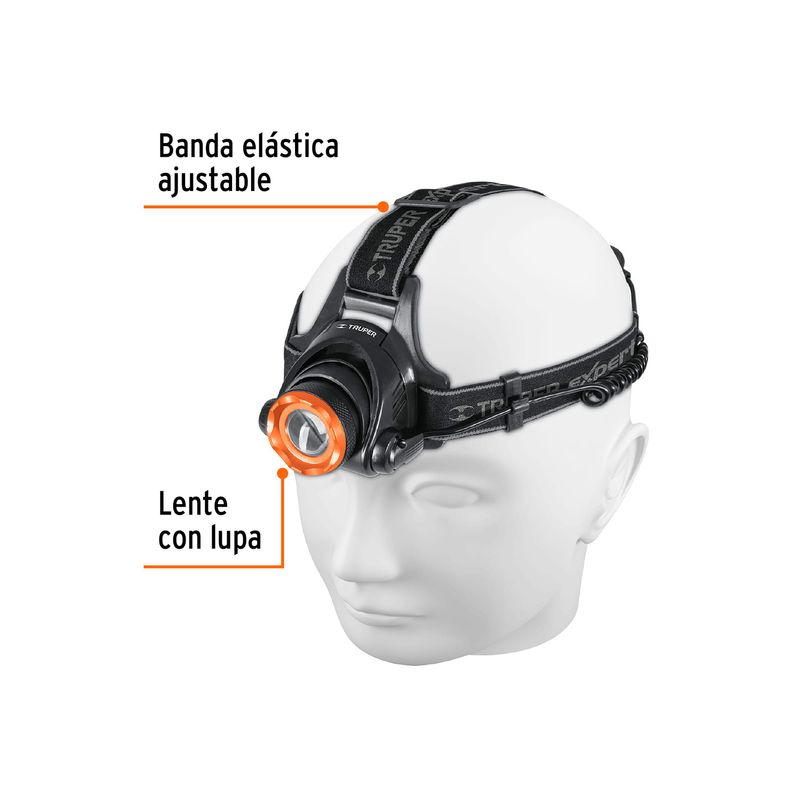 Linterna LED de cabeza de batería AA 800 lúmenes Truper, colocada en maniquí con etiquetas de banda elástica y lente con lupa