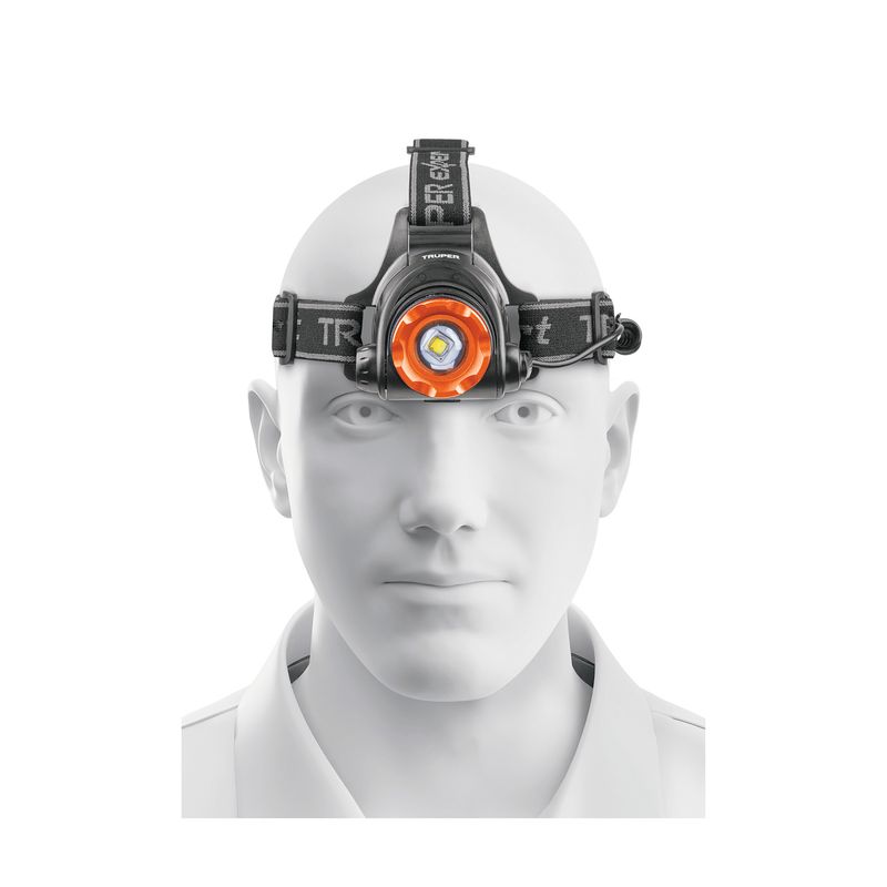 Linterna LED de cabeza de batería AA 800 lúmenes Truper, colocada sobre la cabeza de un maniquí blanco