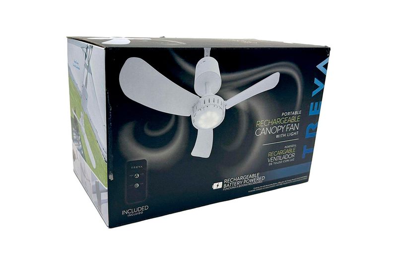 Abanico recargable portátil con luz Treva, vista frontal de la caja con imagen del equipo y control remoto
