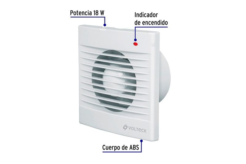 Extractor de aire pared / techo 4 pulgadas 18 W 127 V blanco Volteck, vista diagonal con indicadores de sus características