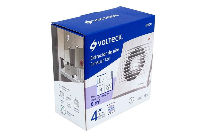Extractor de aire pared / techo 4 pulgadas 18 W 127 V blanco Volteck, en su caja azul con ilustración del producto