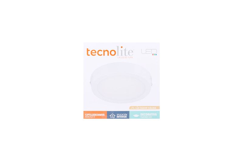 Luminaria sobreponer LED Ankka II blanco redondo 12 W 720 lm 3000 K 100-240 V Tecnolite, en su empaque frontal blanco
