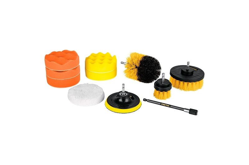 Juego de cepillos para pulido y limpieza Pretul de 11 piezas, variedad de discos y cepillos en colores amarillo, naranja y