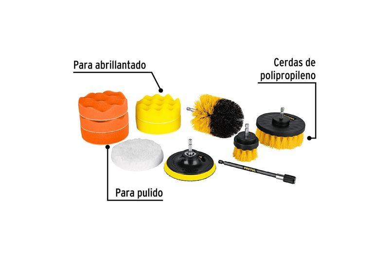 Juego de cepillos para pulido y limpieza Pretul de 11 piezas, gráfico con etiquetas y diversos accesorios de colores