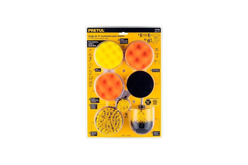 Juego de cepillos para pulido y limpieza Pretul de 11 piezas, empaque blister con cepillos amarillos, naranjas y negros