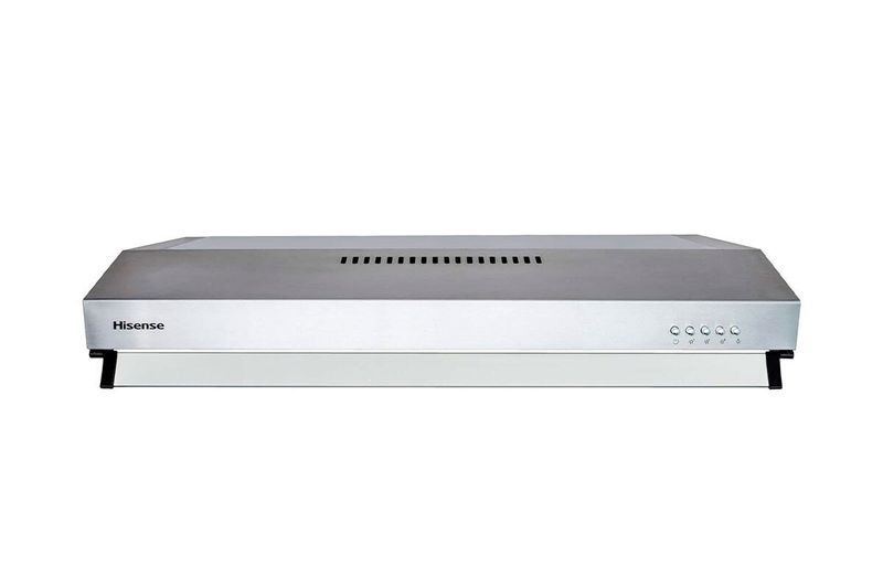 Extractor de grasa acero inoxidable 76 cm Hisense, vista frontal del equipo en color plateado con botones de control